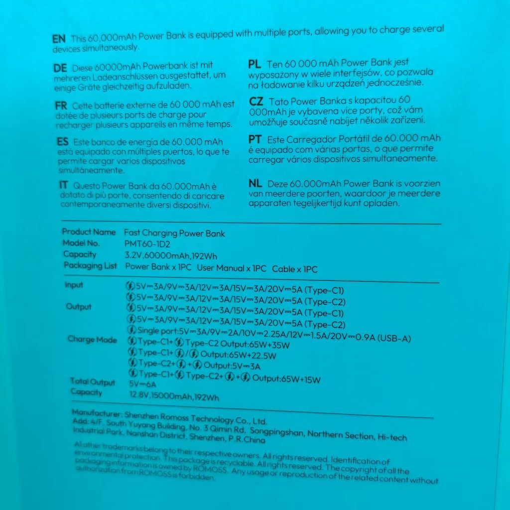 [Instock] Pin dự phòng ROMOSS PMT60 60.000mah 100w - Lõi pin sắt (Kho đối tác)