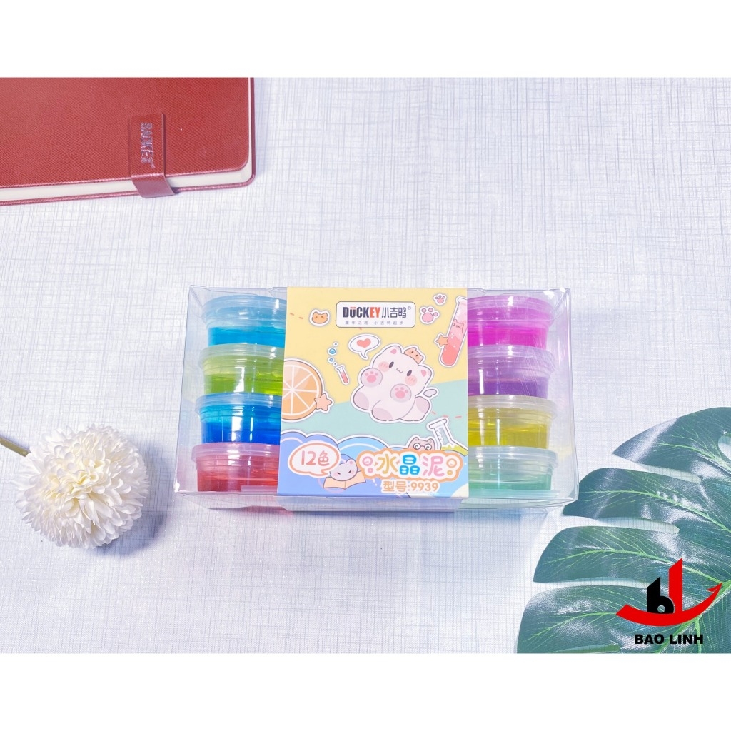 Slime sắc màu DUCKEY. Bộ sản phẩm Slime XJY-9939 12 màu - Hộp đựng mika trắng bắt mắt.