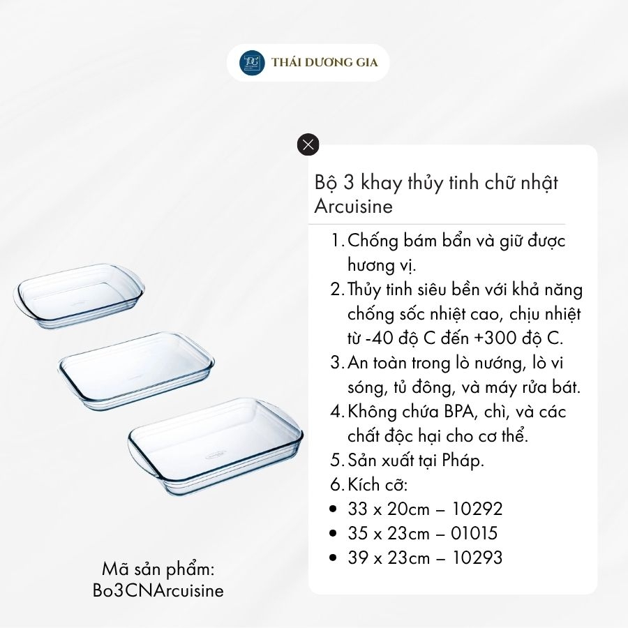 Bộ 3 cỡ khay thủy tinh vi sóng, lò nướng chữ nhật sản xuất tại Pháp Arcuisine