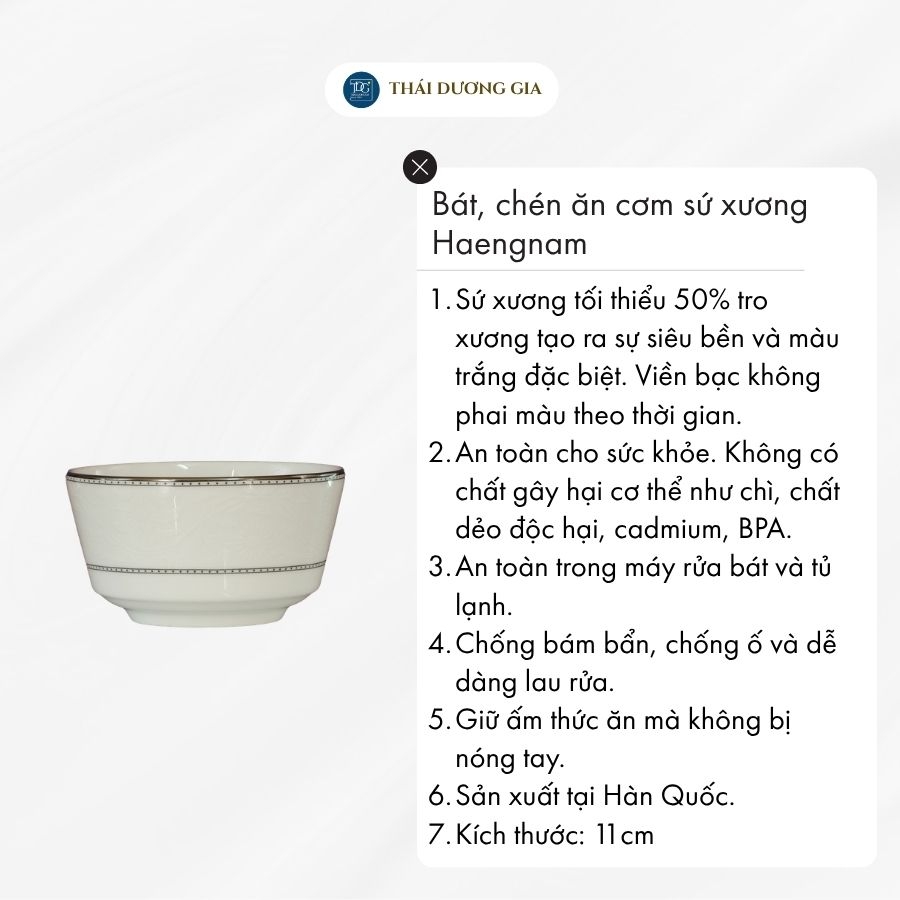 Bát, chén ăn cơm 11cm trắng sứ tro xương viền bạc Hàn Quốc Haengnam 10040