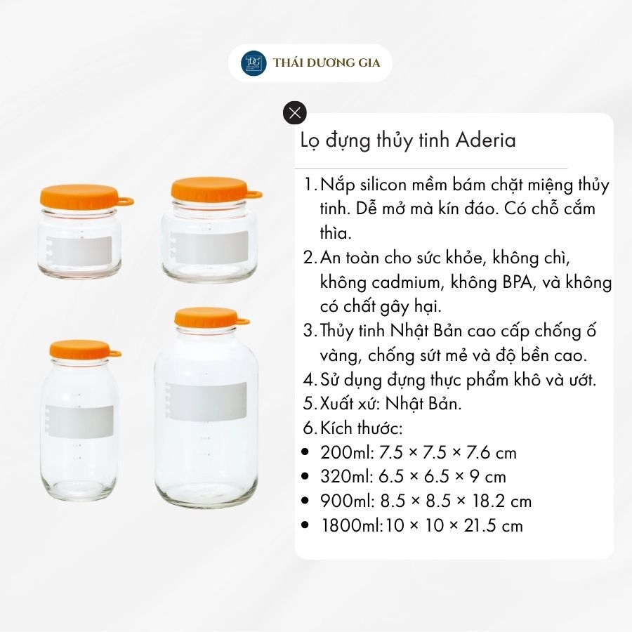 Lọ, hũ thủy tinh 200ml, 320ml, 900ml, 1800ml eCap nắp silicon dễ mở màu cam Nhật Bản Aderia