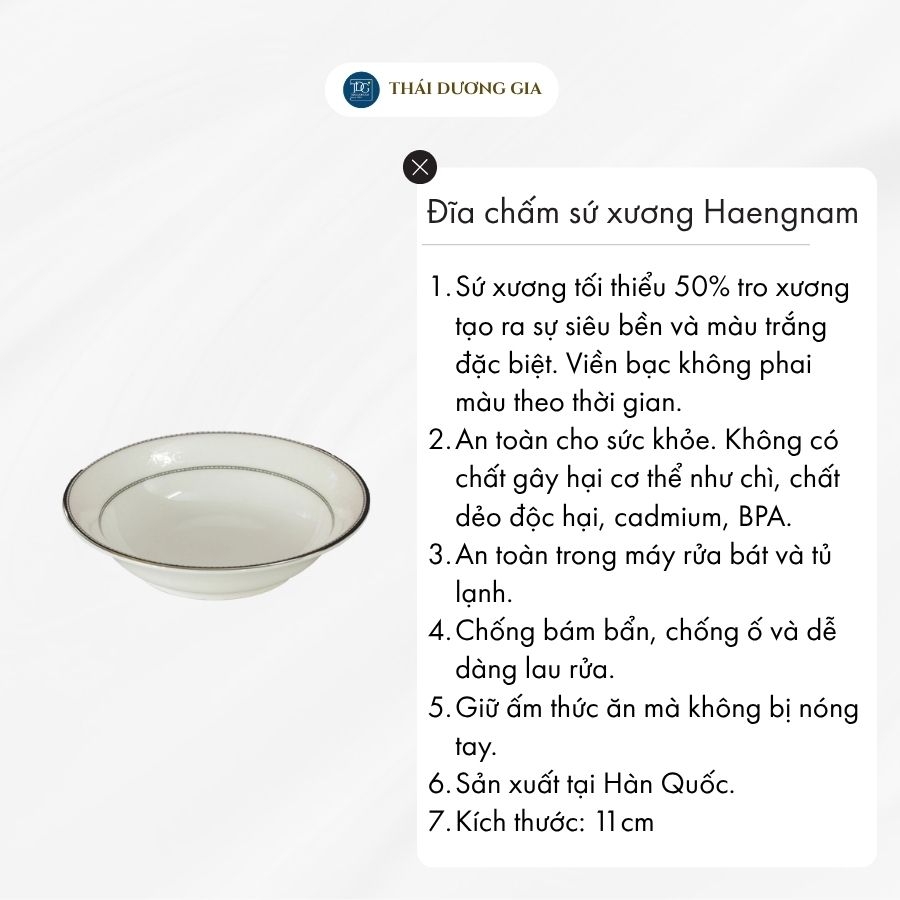 Đĩa chấm 11cm trắng sứ tro xương viền bạc Hàn Quốc Haengnam 17172