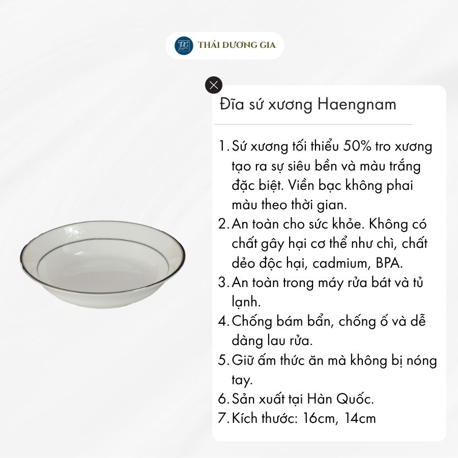 Đĩa sâu lòng trắng sứ tro xương viền bạc Hàn Quốc Haengnam