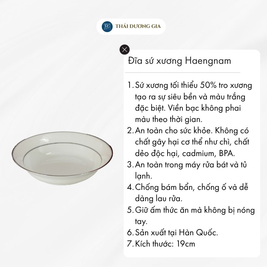 Đĩa tròn sâu lòng 19cm trắng sứ tro xương viền bạc Hàn Quốc Haengnam 17175