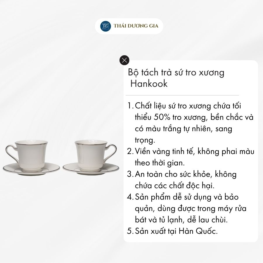 Hankook: Aroma Bộ tách trà sứ tro xương 220ml dành cho 2 người sản xuất tại Hàn Quốc