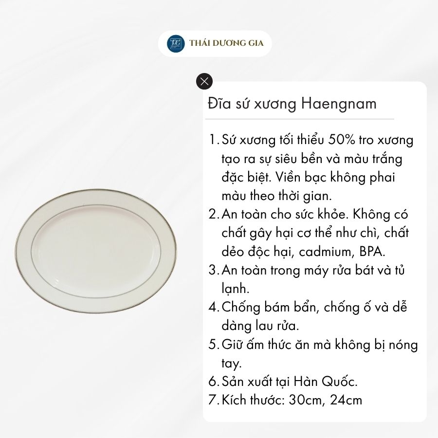 Đĩa bầu dục trắng sứ tro xương viền bạc Hàn Quốc Haengnam