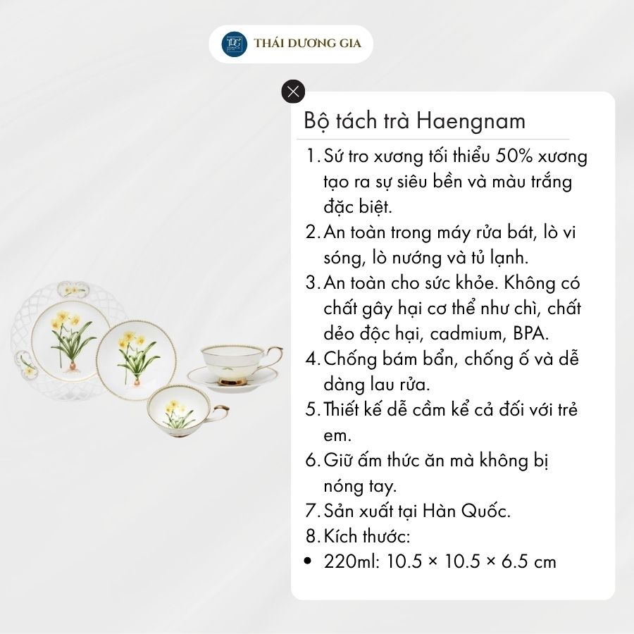 Bộ tách trà, cà phê Cúc Vàng 2 chiếc 220ml kèm khay tròn 22cm hoa văn vàng 24k sứ xương Hàn Quốc Haengnam 20045