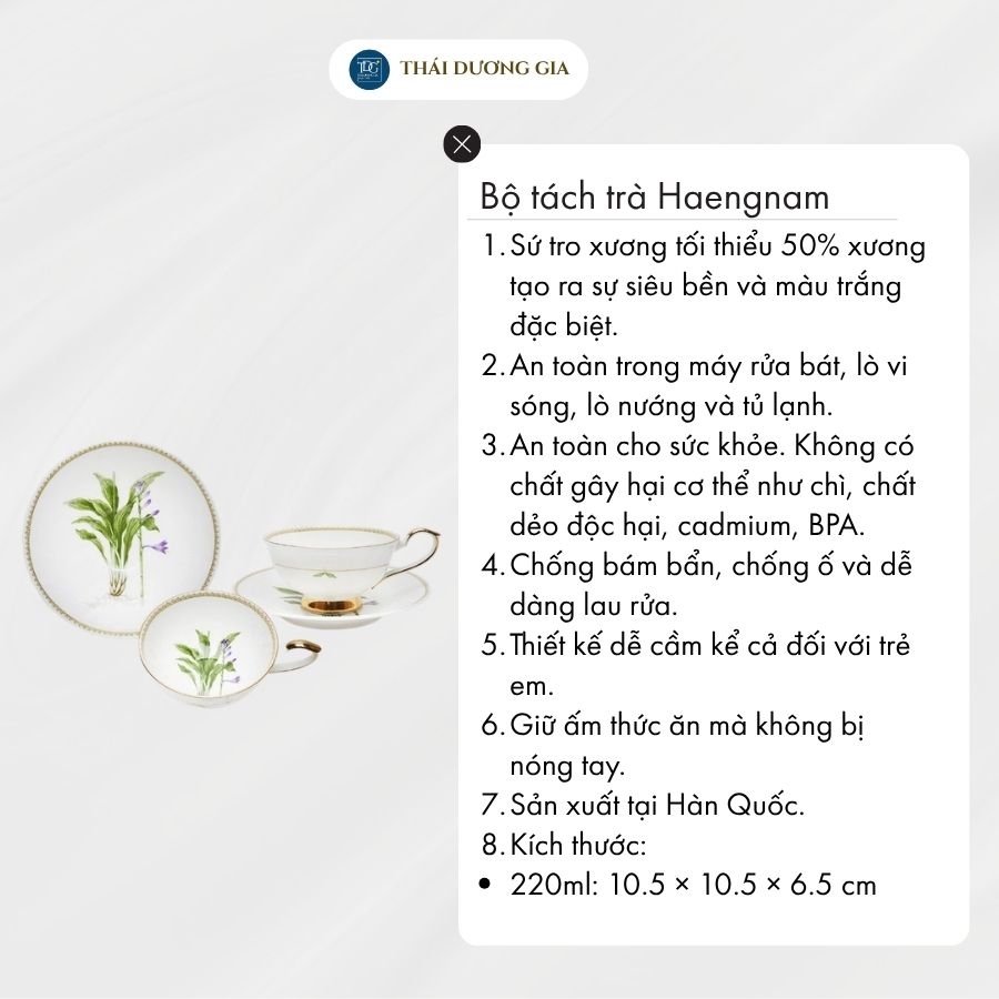 Bộ tách trà, cà phê Lan Tím 2 chiếc 220ml hoa văn vàng 24k sứ xương Hàn Quốc Haengnam 5123