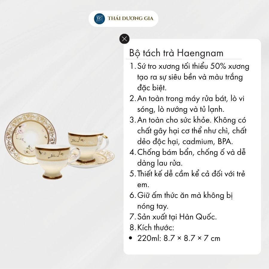 Bộ tách trà, cà phê Hoa Đào 2 chiếc 220ml hoa văn vàng 24k sứ xương Hàn Quốc Haengnam 5358