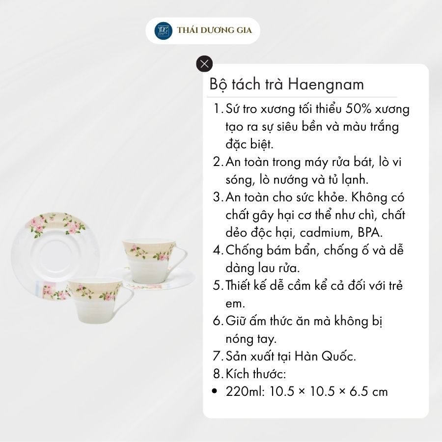Bộ tách trà, cà phê Hồng Pháp 2 chiếc 220ml sứ xương Hàn Quốc Haengnam 5370