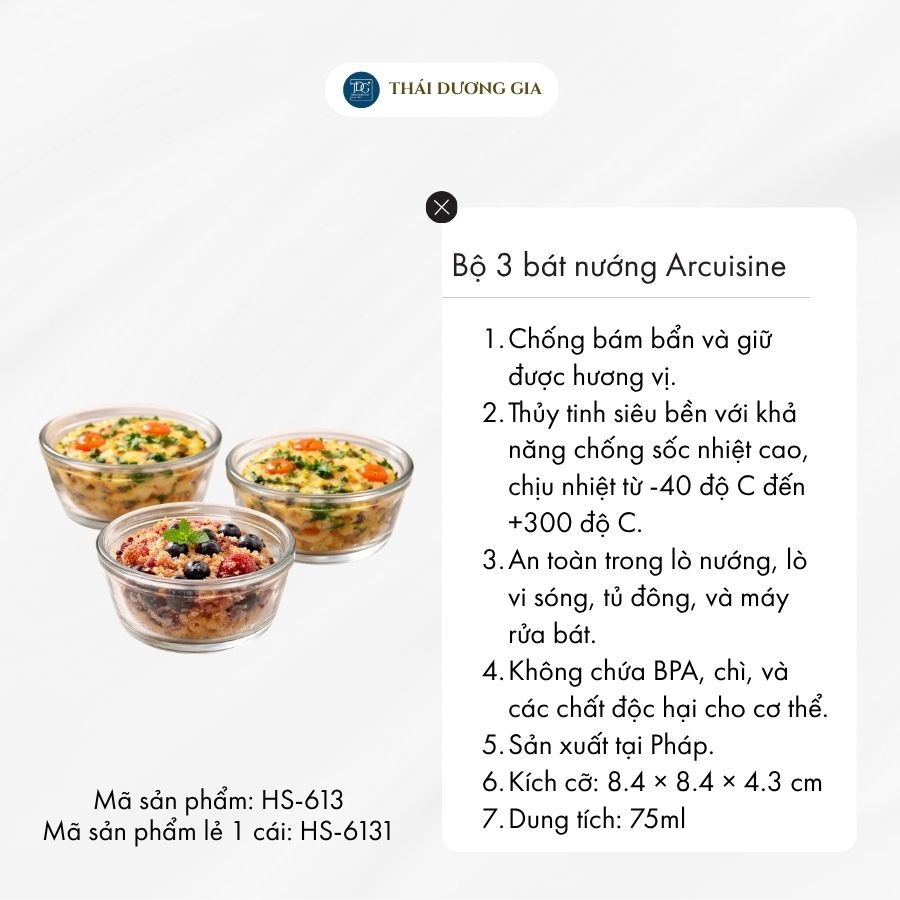 Bộ 3 bát nướng bé dùng trong lò nướng, vi sóng 75ml sản xuất tại Pháp Arcuisne HS-613