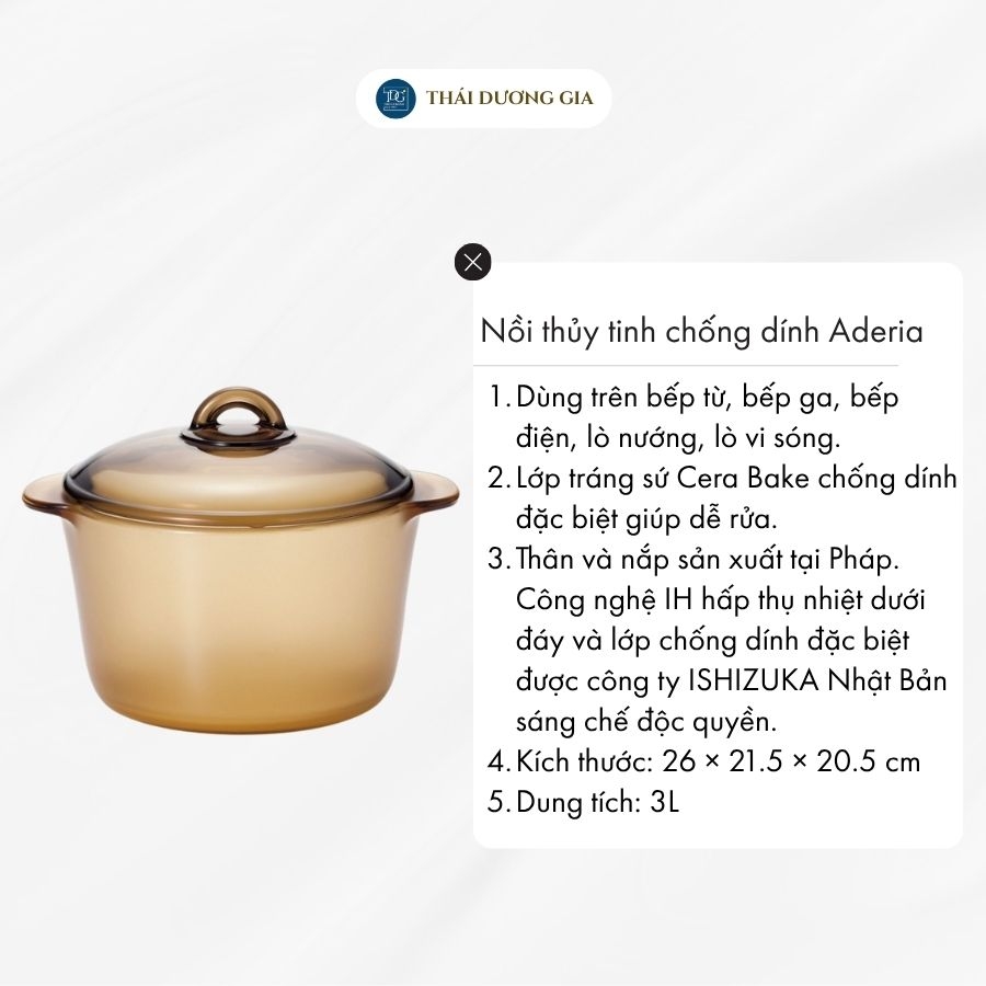 Nồi thủy tinh chống dính dùng trên bếp từ, các loại bếp khác và lò nướng, lò vi sóng – Loại 3 lít Nhật Bản Aderia 770820