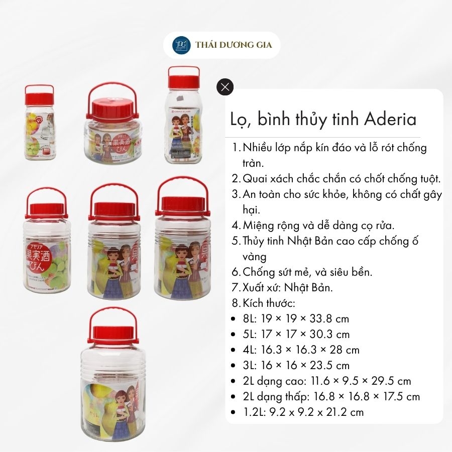 Lọ, bình thủy tinh 1.2L, 2L, 3L, 4L, 5L, 8L ngâm, đựng thực phẩm nắp đỏ 2 lớp Nhật Bản Aderia