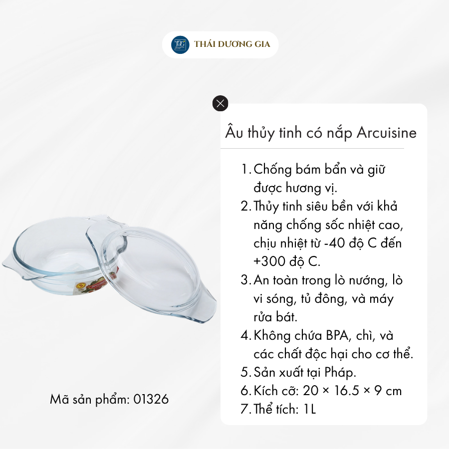 Âu thủy tinh vi sóng, lò nướng 1L Pháp Arcuisine 20×16.5×9cm – 01326