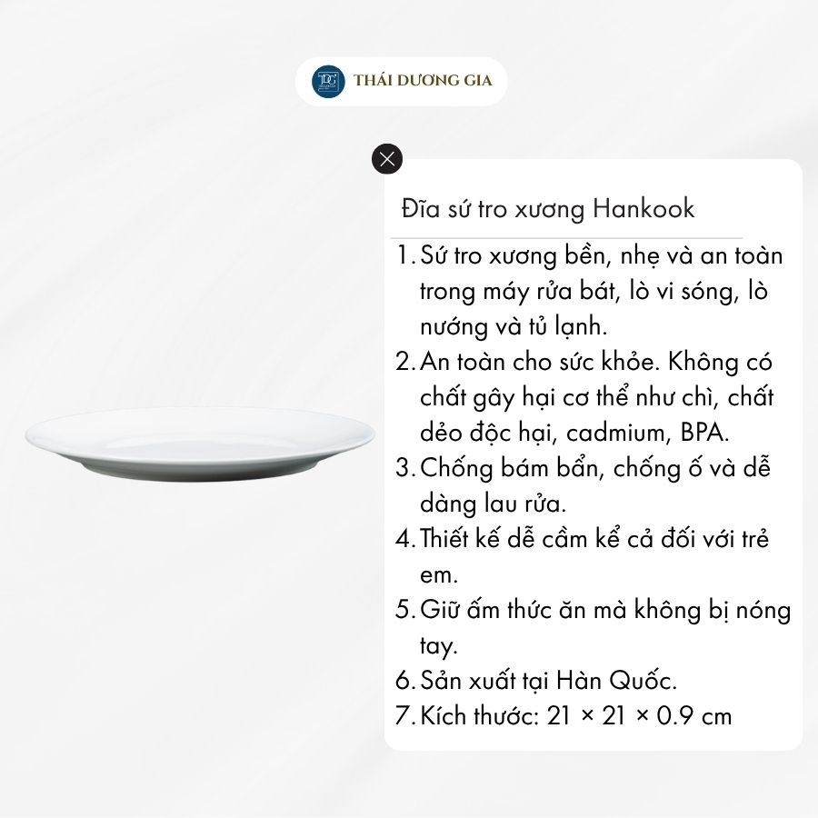 Đĩa tròn 21cm trắng sứ tro xương Hàn Quốc Hankook CDB-0001
