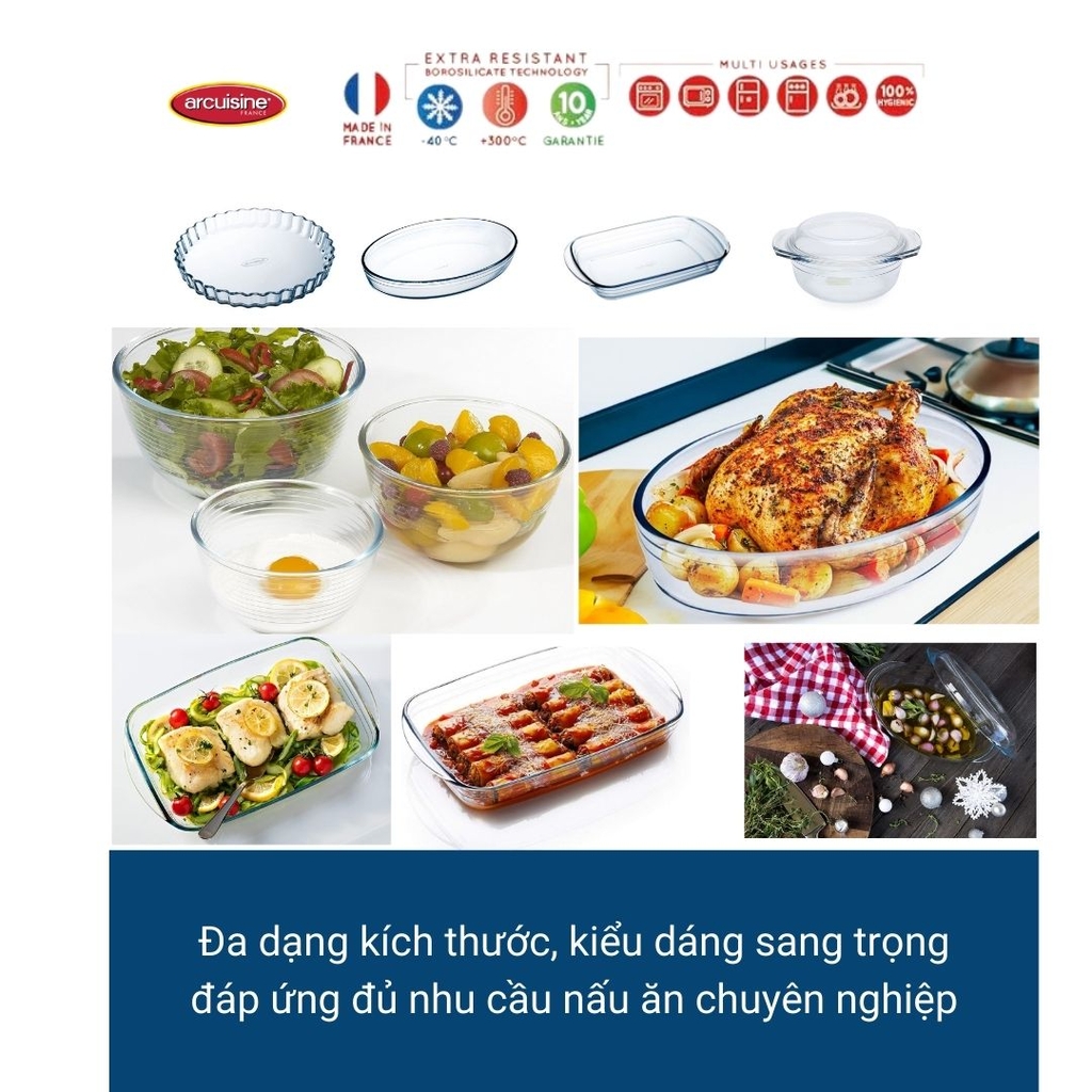 Âu thủy tinh vi sóng, lò nướng 1L Pháp Arcuisine 20×16.5×9cm – 01326