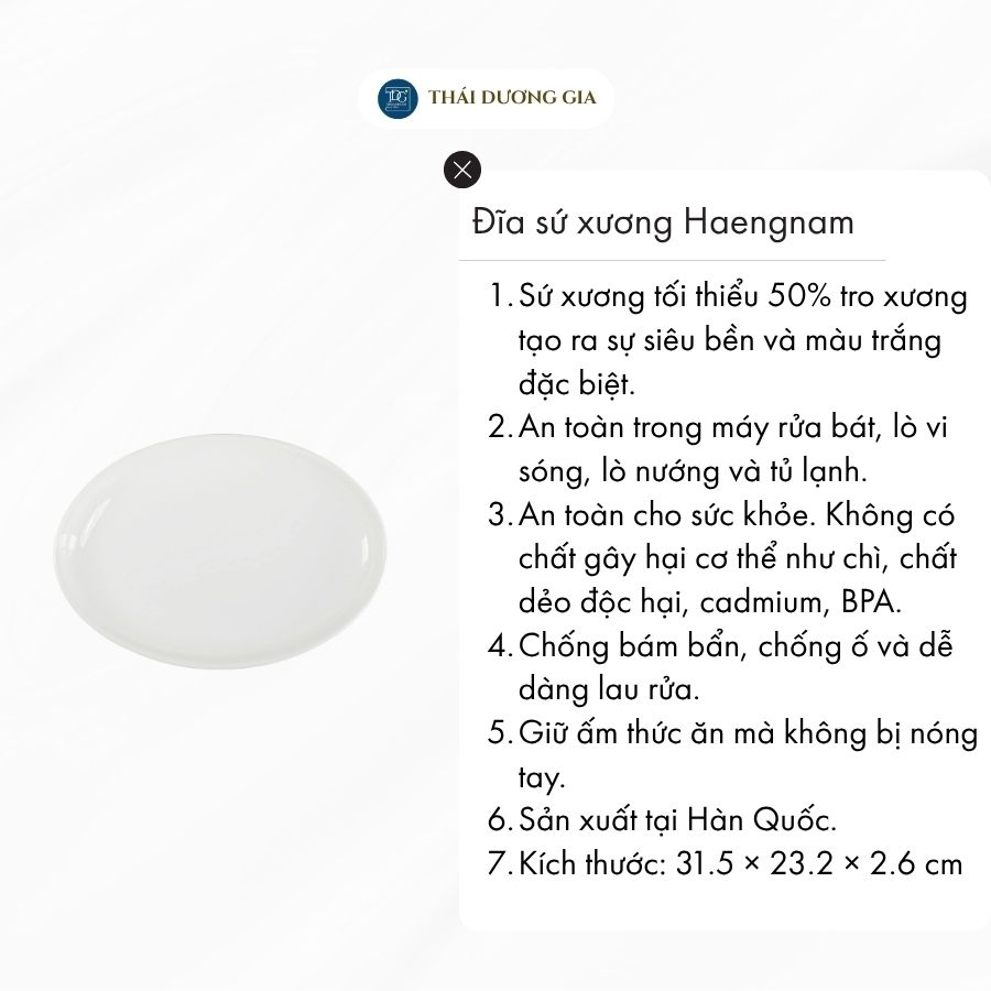 Đĩa bầu dục to 31,5cm sứ xương Hàn Quốc Haengnam HB-2114