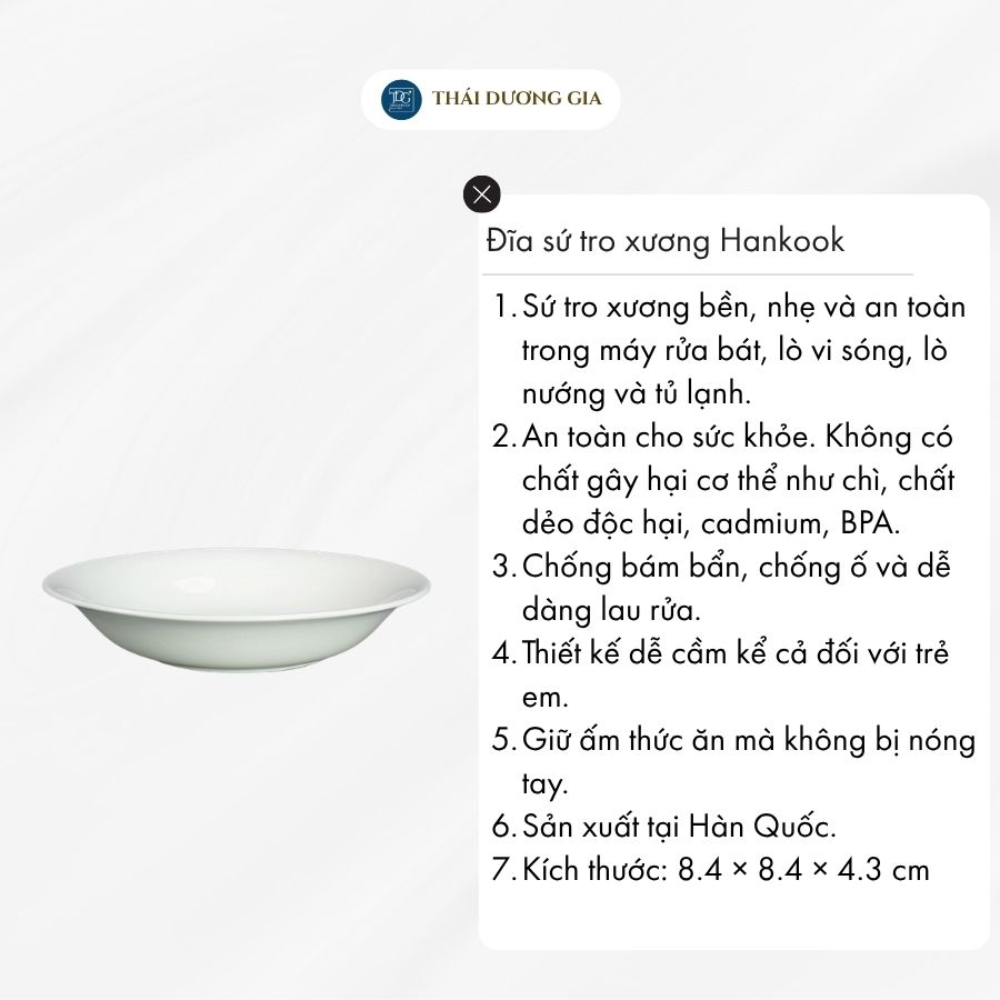 Đĩa trắng tròn sâu lòng vành cao 17cm sứ tro xương Hàn Quốc Hankook HWB-0013