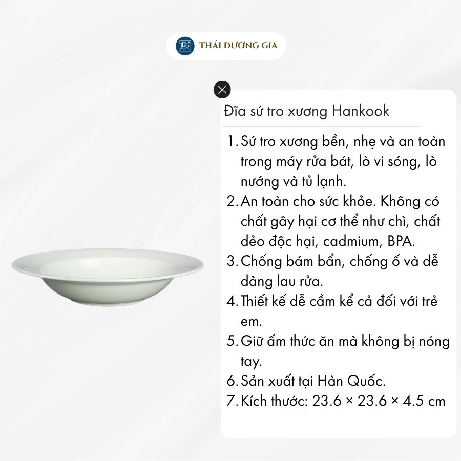 Đĩa trắng tròn sâu lòng vành cao 24cm sứ tro xương Hàn Quốc Hankook HWB-0017