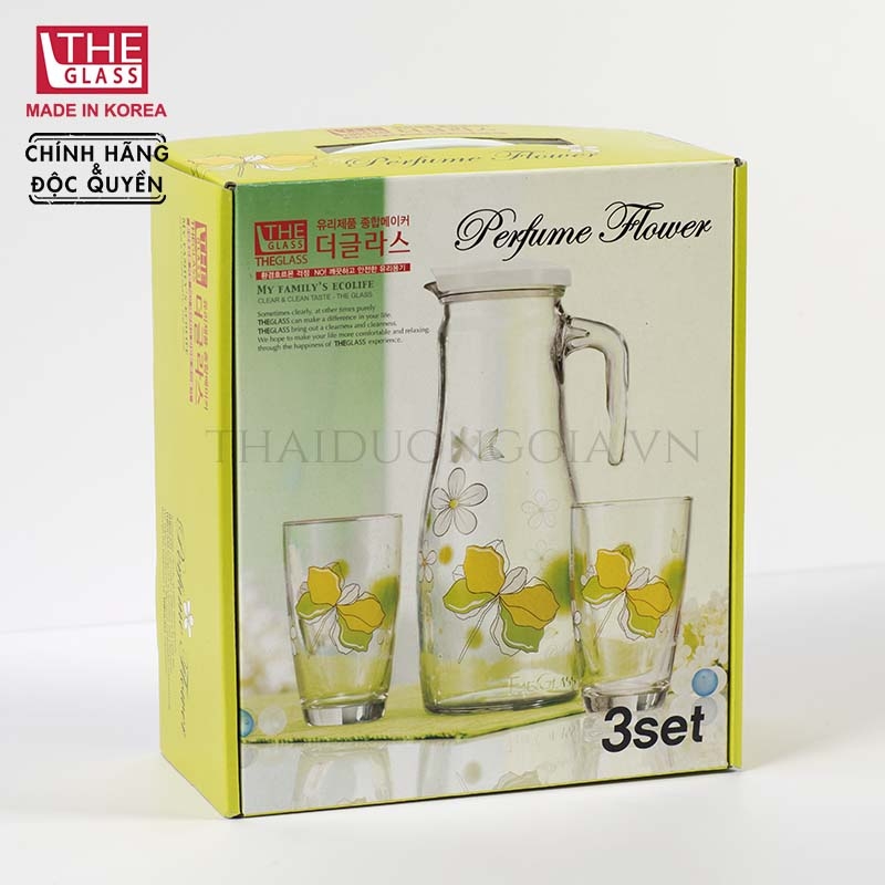 Bộ 1 bình ly 1,4 lít và 2 cốc uống nước 320ml Hàn Quốc The Glass-GI801AA