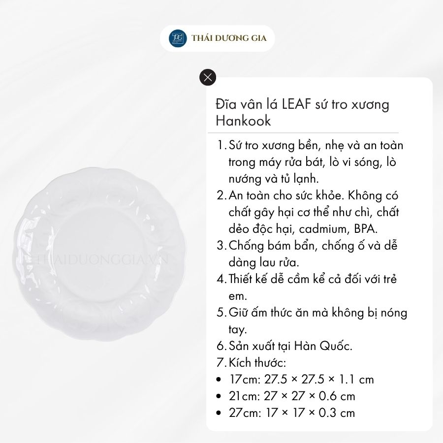 Đĩa tròn vân lá LEAF trắng sứ tro xương Hàn Quốc Hankook