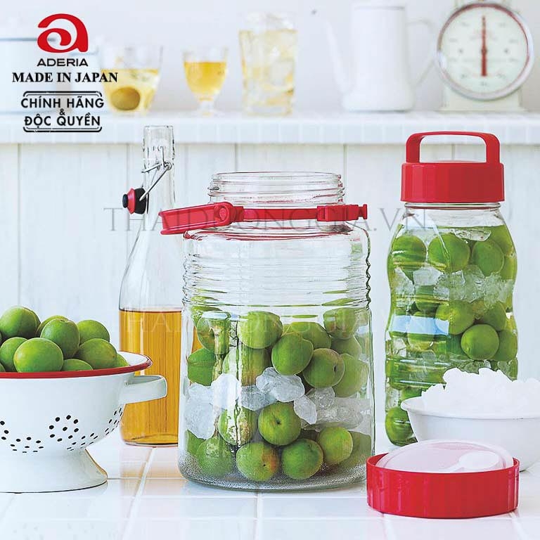 Lọ, bình thủy tinh 1.2L, 2L, 3L, 4L, 5L, 8L ngâm, đựng thực phẩm nắp đỏ 2 lớp Nhật Bản Aderia