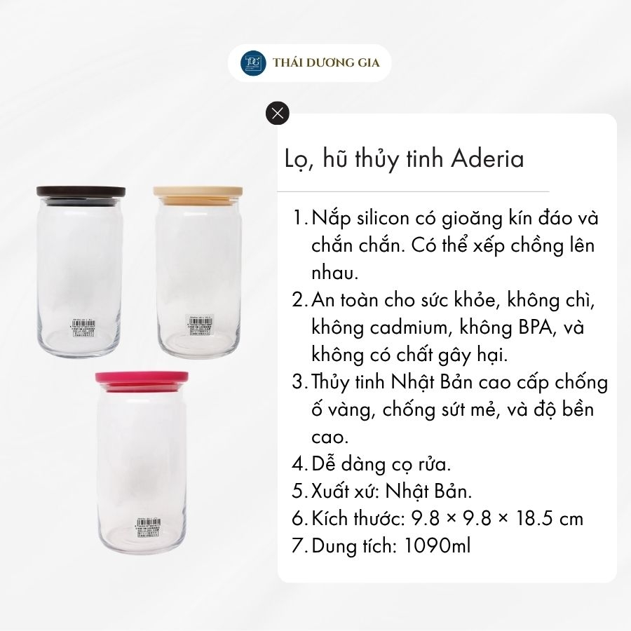 Lọ, hũ thủy tinh 1090ml nắp silicon Nhật Bản Aderia
