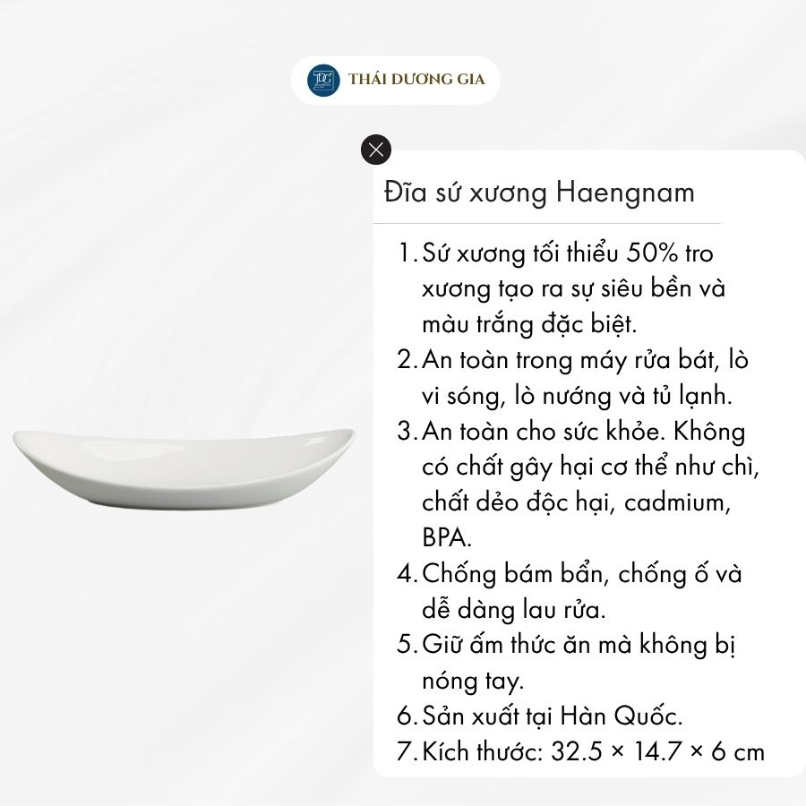 Đĩa dáng thuyền sâu lòng 32,5cm trắng sứ tro xương Hàn Quốc Haengnam MB-1152