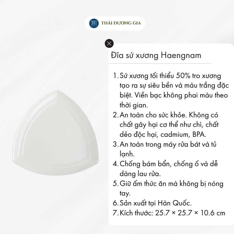Đĩa tam giác lớn cạnh 21cm trắng sứ tro xương Hàn Quốc Haengnam MB-1160