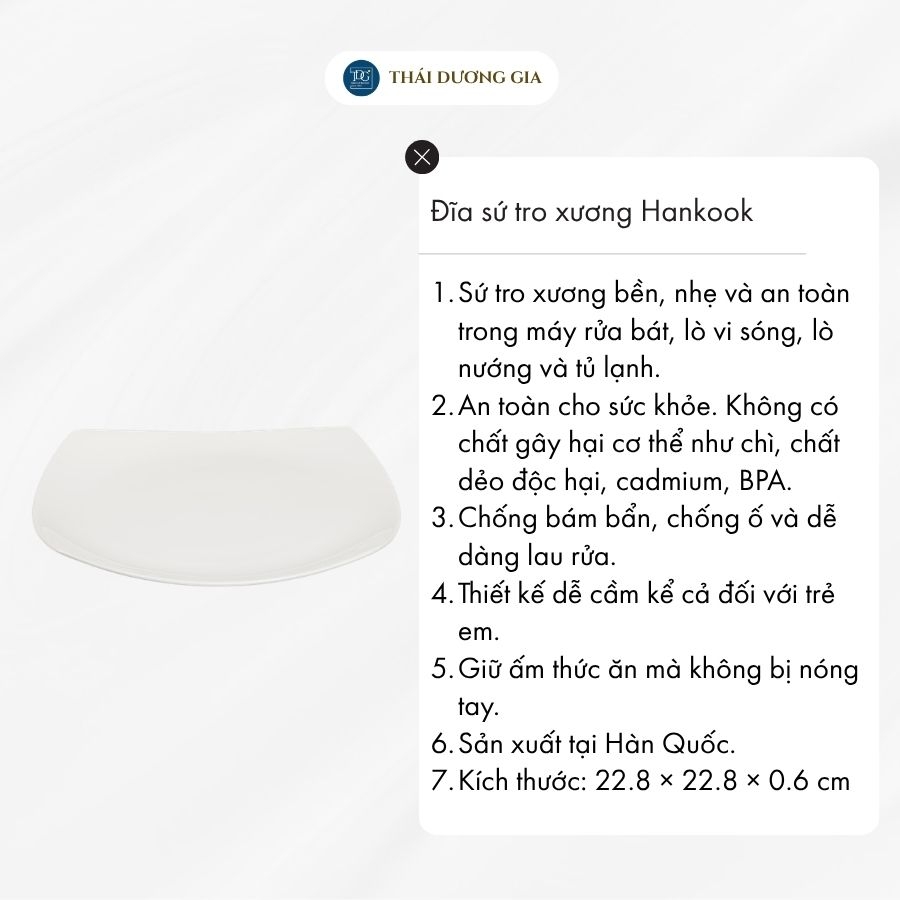 Đĩa vuông sứ tro xương màu trắng cao cấp Hàn Quốc Hankook 26,2cm MIB-0007