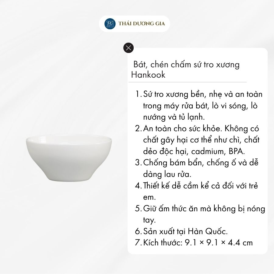 Bát, chén chấm sứ tro xương màu trắng cao cấp Hàn Quốc 9,1cm Hankook NOB-0022