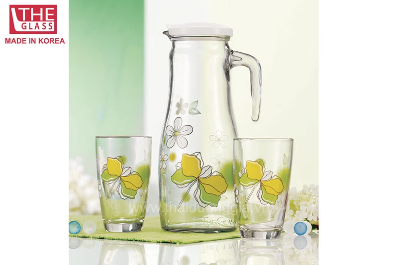 Bộ 1 bình ly 1,4 lít và 2 cốc uống nước 320ml Hàn Quốc The Glass-GI801AA
