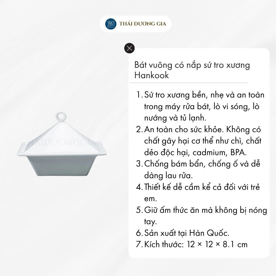 Bát, chén vuông có nắp 12cm trắng sứ tro xương Hàn Quốc Hankook PRB-0002
