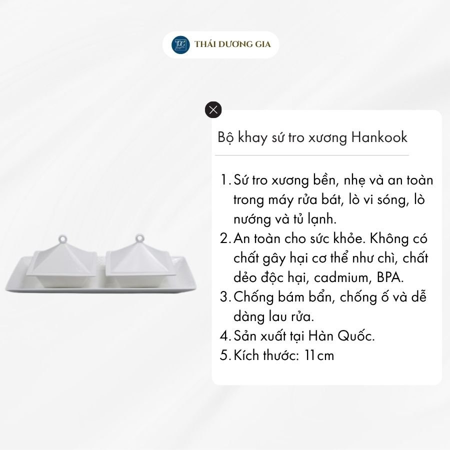 Bộ khay chữ nhật và 2 bát vuông có nắp đựng mứt, ô mai Tết trắng sứ tro xương Hàn Quốc