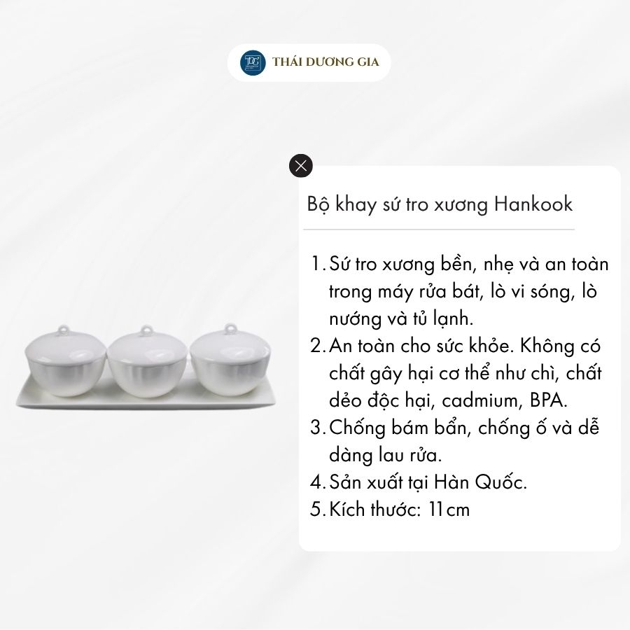 Bộ khay chữ nhật và 3 bát tròn có nắp đựng mứt, ô mai Tết trắng sứ tro xương Hàn Quốc