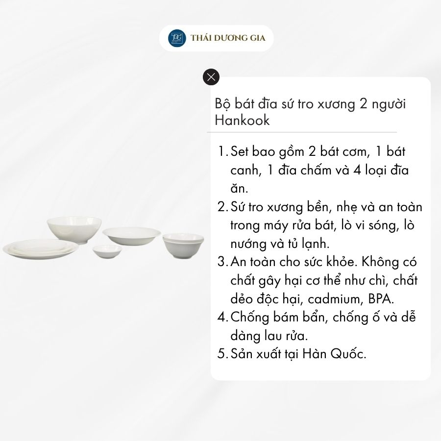 Set mâm 2 người 8 chi tiết bát đĩa sứ tro xương màu trắng cao cấp Hàn Quốc Hankook