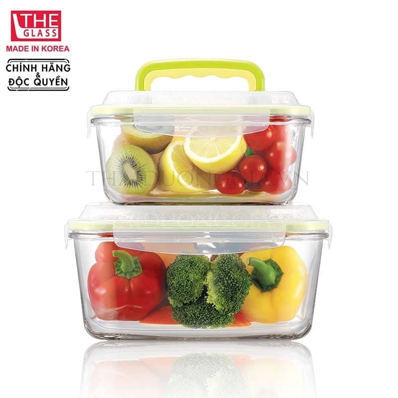 Hộp đựng thực phẩm chữ nhật có quai xách 1800ml Hàn Quốc The Glass-P748