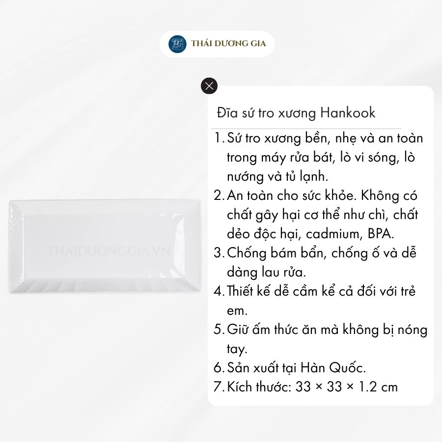 Đĩa chữ nhật 33cm trắng sứ tro xương Hàn Quốc Hankook ZPB-0001