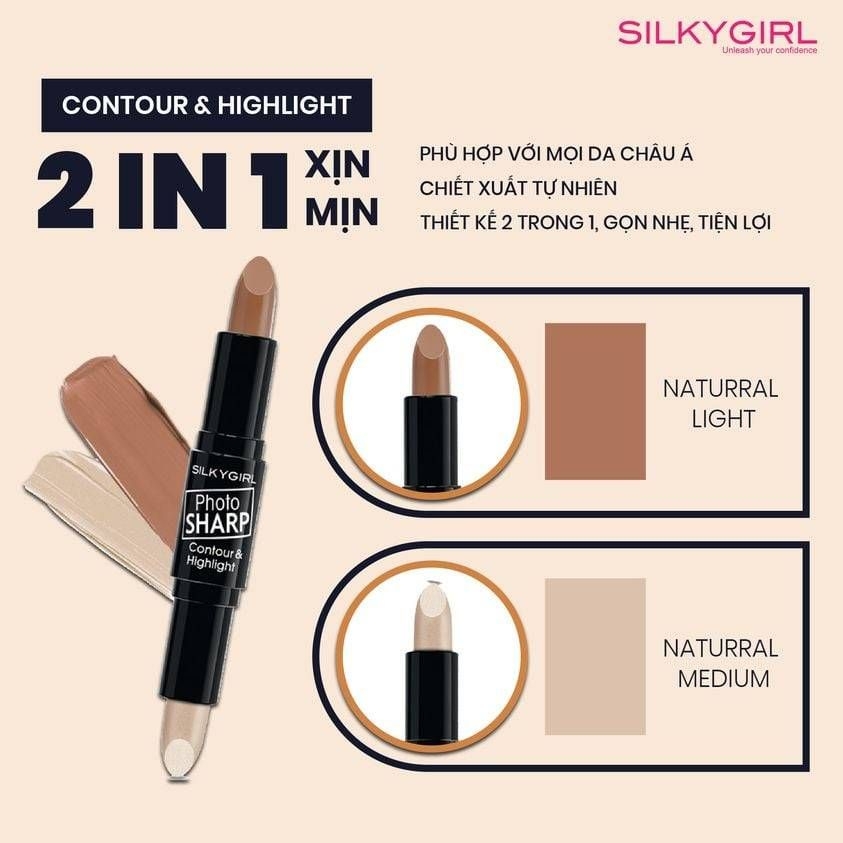 Tạo Khối Hai Đầu Silkygirl Photosharp Contour & Highlight Stick #01 Natural Light 8Gr