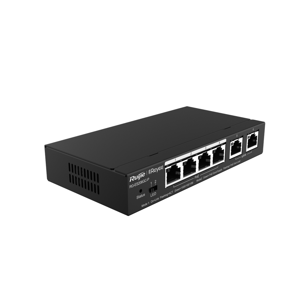 Switch PoE Ruijie RG-ES206GC-P (4 PoE Gigabit, 2 uplink Gigabit, 54W)