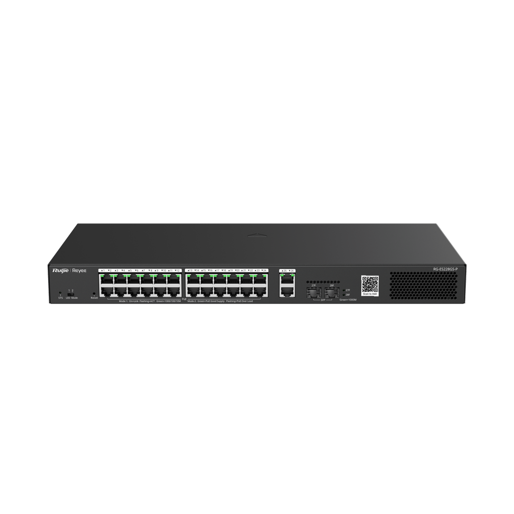 Switch PoE Ruijie RG-ES228GS-LP (24 PoE Gigabit, 2 uplink Gigabit, 2 SFP, 250W)