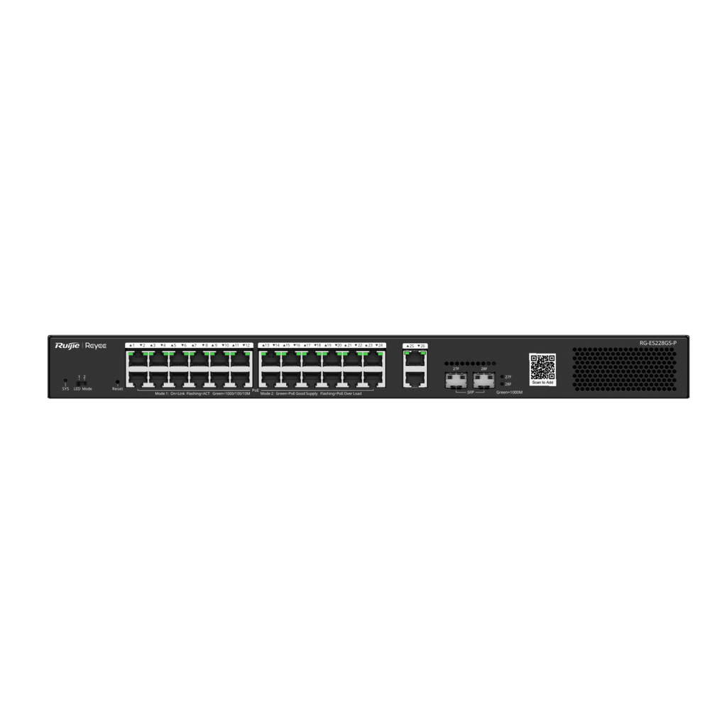 Switch PoE Ruijie RG-ES228GS-P (24 PoE Gigabit, 2 uplink Gigabit, 2 SFP, 370W)