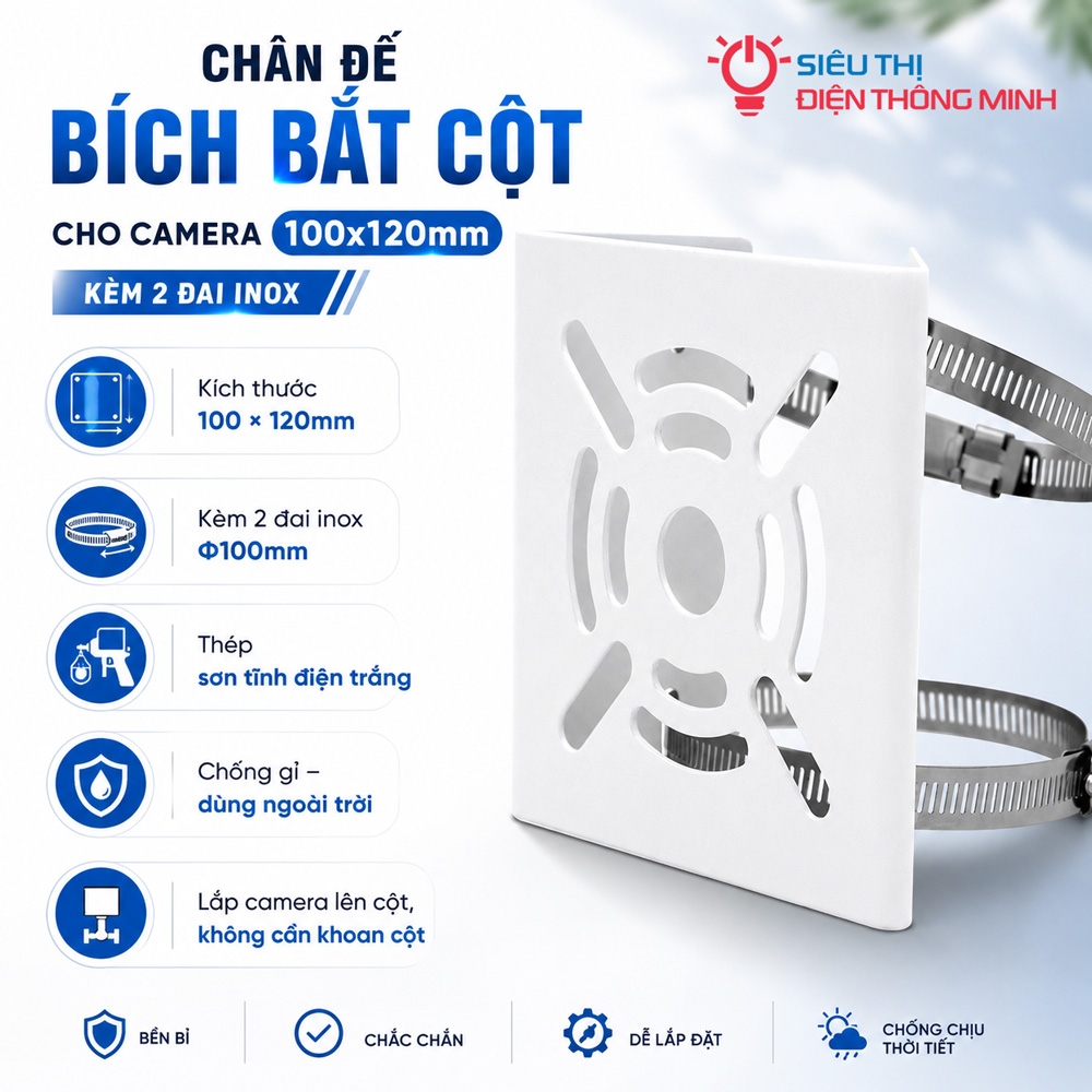 Chân đế Bích bắt cột cho camera 100x120mm kèm 2 đai inox
