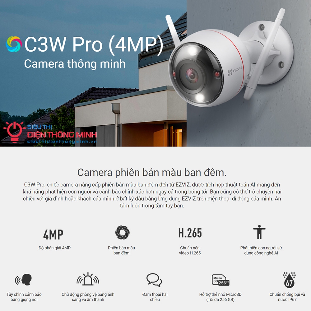 Camera EZVIZ C3W Pro (4MP) (Wifi Thân 4MP, đêm có màu)