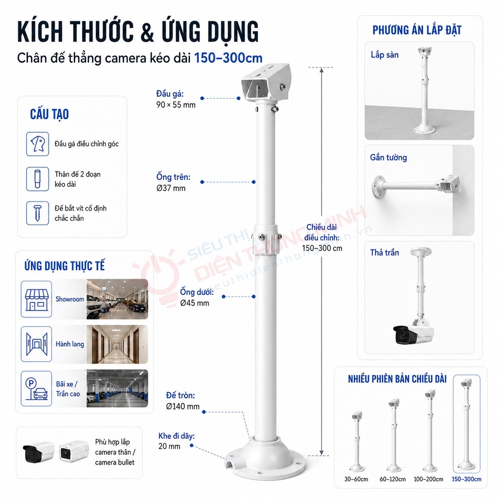Chân đế camera thẳng kéo dài 150-300cm