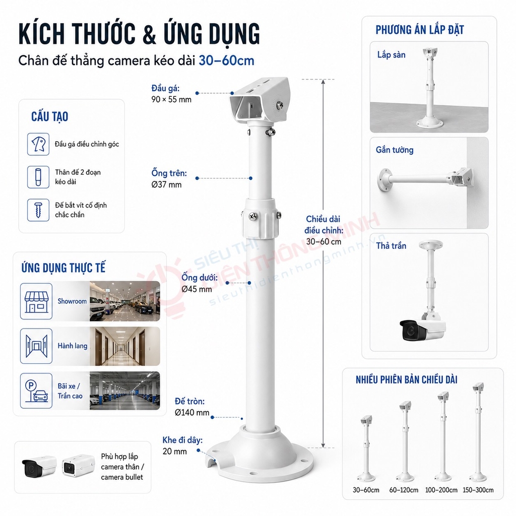 Chân đế camera thẳng kéo dài 30-60cm