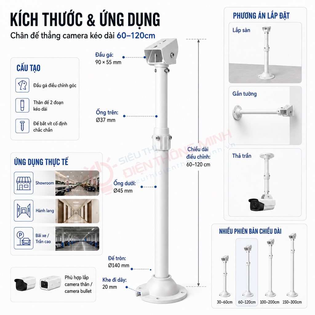 Chân đế camera thẳng kéo dài 60-120cm