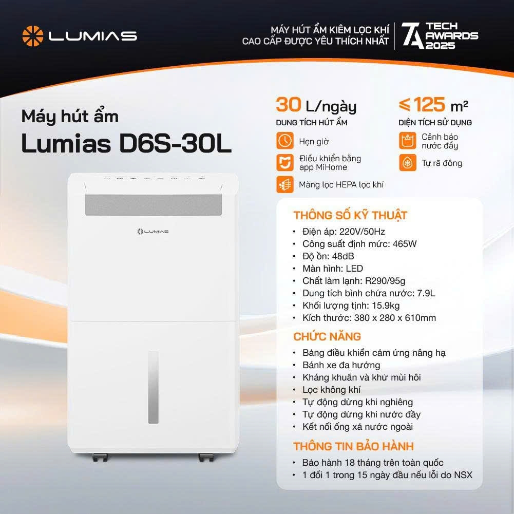 Máy hút ẩm kiêm lọc không khí Lumias D6S-30L (30 lít/ngày)