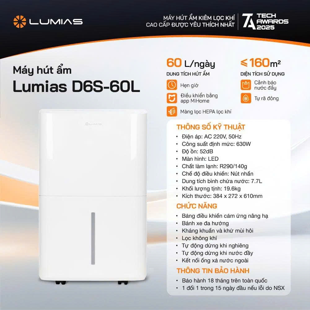 Máy hút ẩm kiêm lọc không khí Lumias D6S-60L (60 lít/ngày)