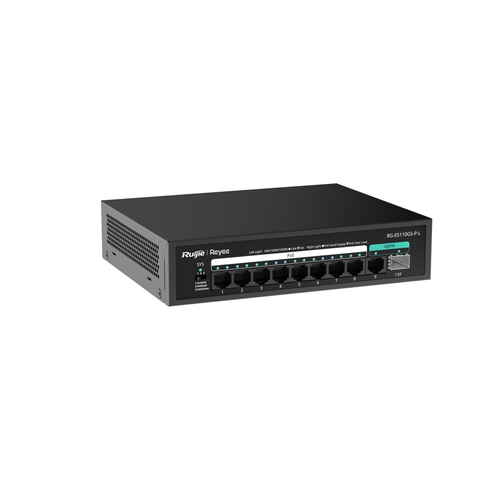 Switch PoE Ruijie RG-ES110GS-P-L (8 PoE Gigabit, 1 uplink Gigabit, 1 SFP, 120W)